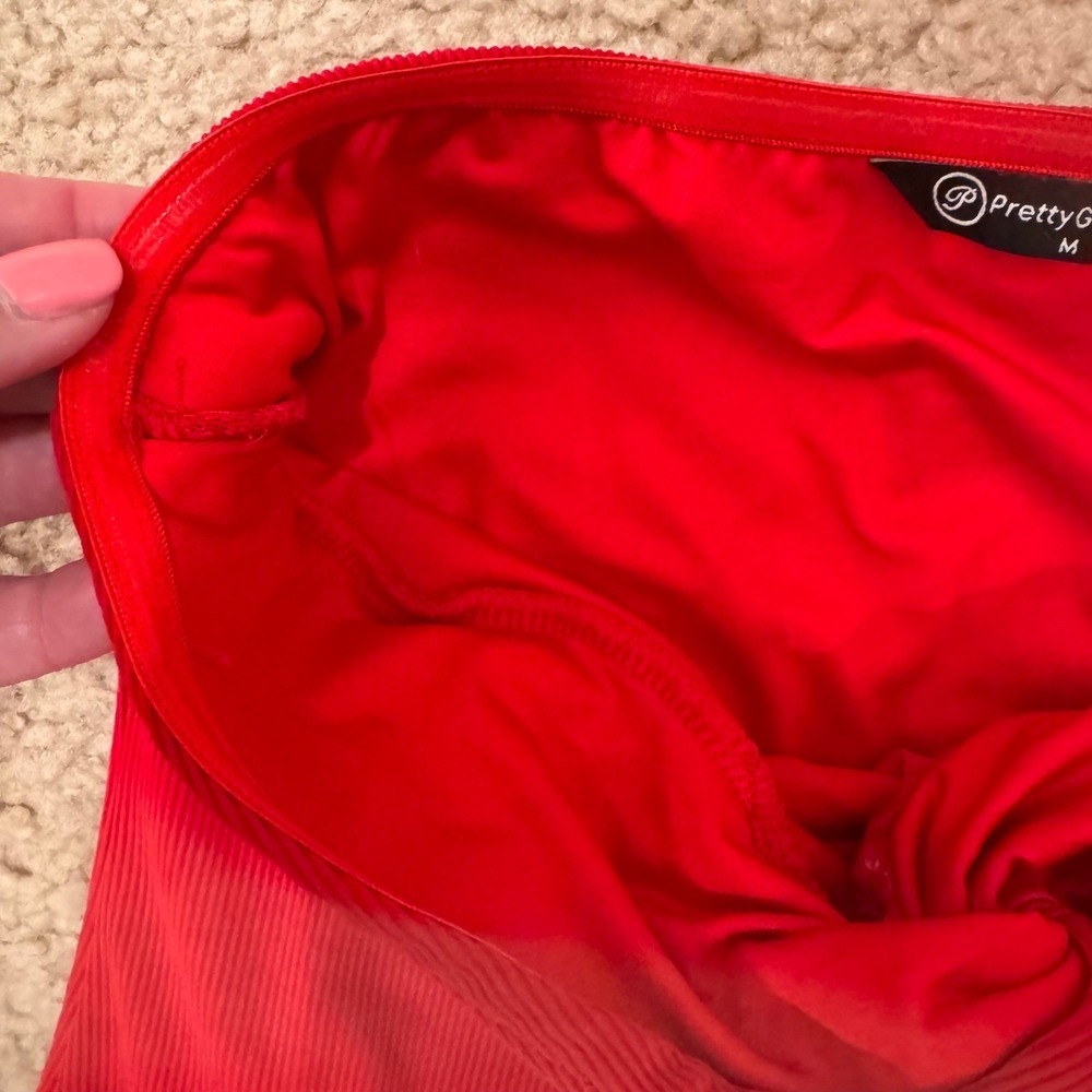 Romantic Red Strapless Twist Front Midi Dress Ribbed Day to Night Date Sz M - Picture 6 of 14